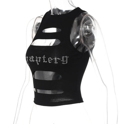 Sleeveless crewneck hollow out beaded contrast crop cut out top