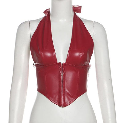 Halter PU leather V neck corset button top  | Festival Outfits Women