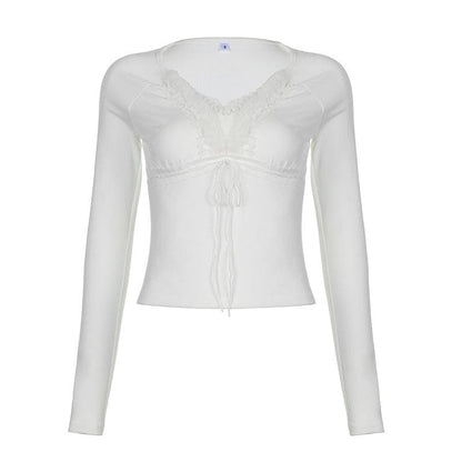 Fluffy patchwork solid long sleeve self tie top