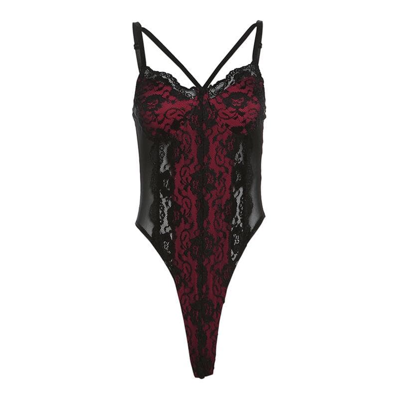 Patchwork v neck lace contrast bodysuit  | Festival Outfits Women