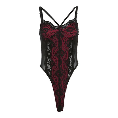 Patchwork v neck lace contrast bodysuit  | Festival Outfits Women