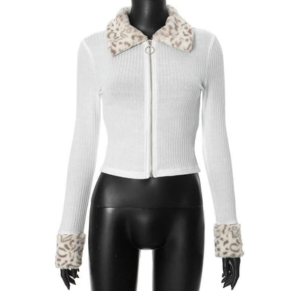 Zip-up long sleeve turnover collar leopard fluffy top  | Festival Outfits Women  | Cheetah Print Top