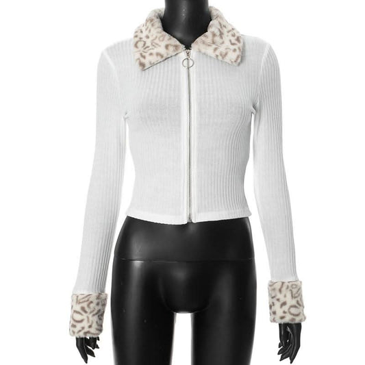 Zip-up long sleeve turnover collar leopard fluffy top  | Festival Outfits Women  | Cheetah Print Top
