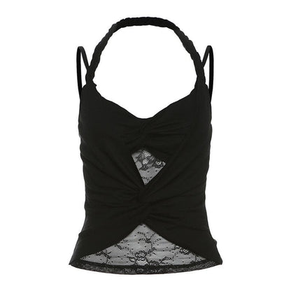 Halter ruched lace patchwork v neck cami top  | Festival Outfits Women