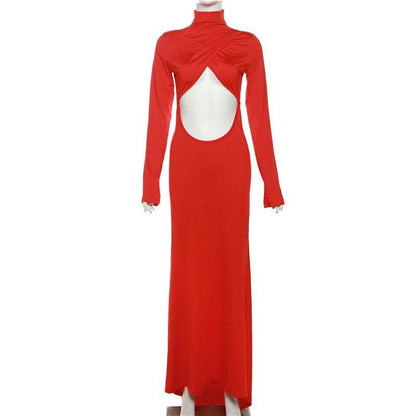 Hollow out solid long sleeve high neck zip-up cut out maxi dress  | Festival Outfits Women