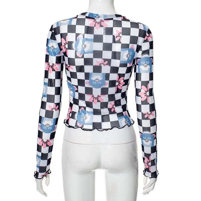 Long sleeve plaid print sheer mesh top  | Festival Outfits Women