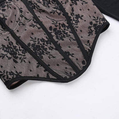 Lace contrast corset long sleeve zip-up self tie top  | Festival Outfits Women