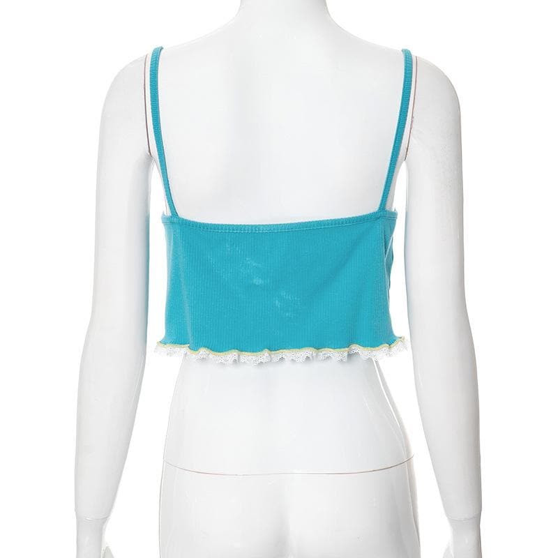 Lace hem ruffle bowknot ribbed cami crop top  | Festival Outfits Women