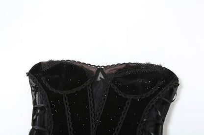 Sweetheart neck velvet lace up mesh beaded mini dress  | Festival Outfits Women