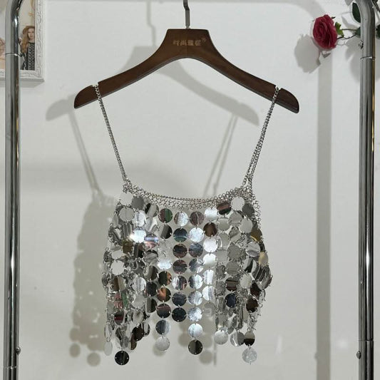 Glitter metal chain hollow out square neck cami cut out top  | Festival Outfits Women