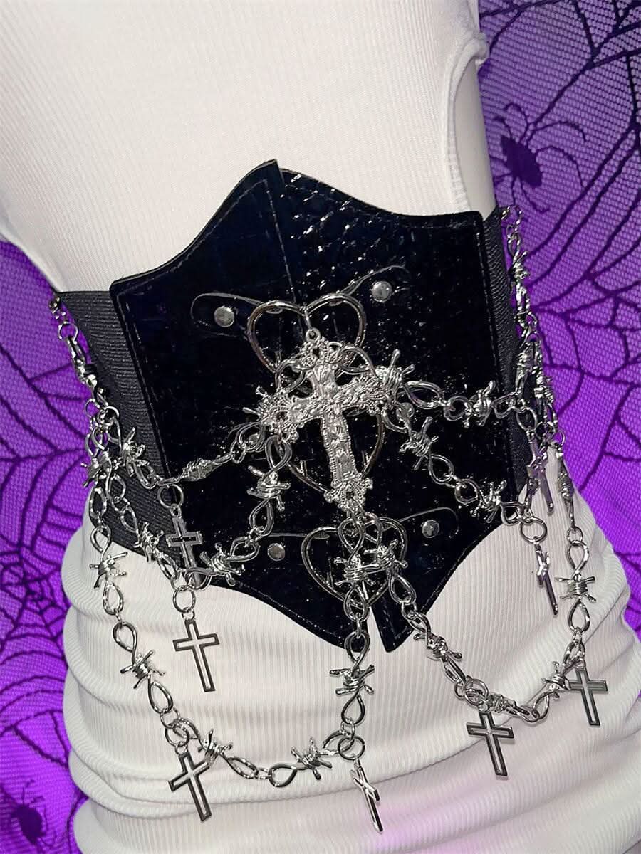 PU leather metal chain cross applique waist chain  | Festival Outfits Women