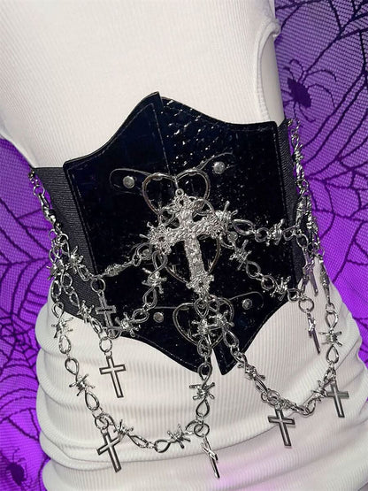 PU leather metal chain cross applique waist chain  | Festival Outfits Women