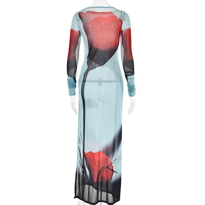 Sheer mesh see through abstract contrast long sleeve slit maxi dress