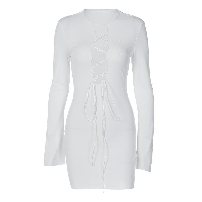 Lace up solid long sleeve ribbed self tie mini dress  | Festival Outfits Women