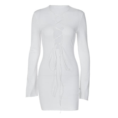 Lace up solid long sleeve ribbed self tie mini dress  | Festival Outfits Women