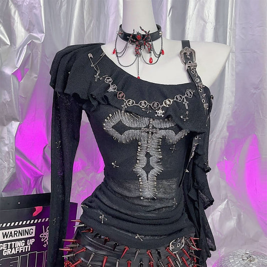 One shoulder long sleeve buckle cross pattern top  | Festival Outfits Women