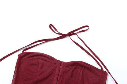 Button mesh backless solid corset halter self tie top  | Festival Outfits Women