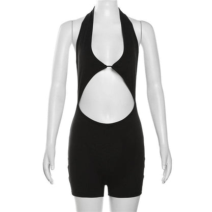 Halter solid v neck hollow out backless romper