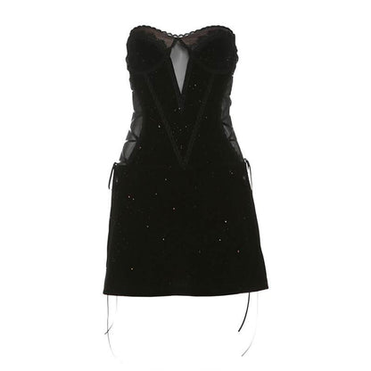 Sweetheart neck velvet lace up mesh beaded mini dress  | Festival Outfits Women