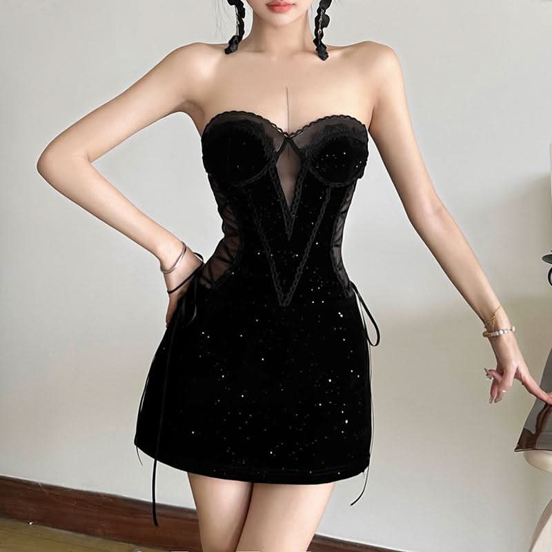 Sweetheart neck velvet lace up mesh beaded mini dress  | Festival Outfits Women