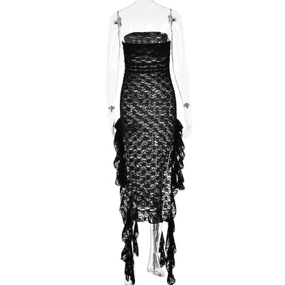 Lace ruffle solid high slit see through tube midi dress  | Festival Outfits Women
