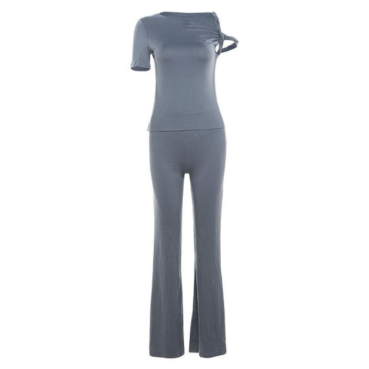 Short sleeve irregular crewneck solid pant set  | Festival Outfits Women