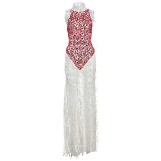 High neck patchwork tassels backless maxi dress  | Festival Outfits Women