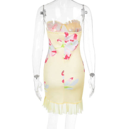Mesh flower print sweetheart neck tube mini dress  | Festival Outfits Women