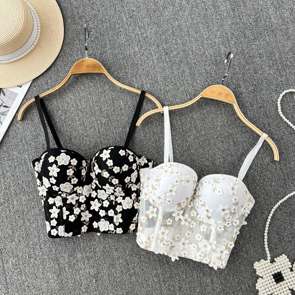 Embroidery padded bustier flower applique cami top  | Festival Outfits Women