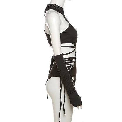 High neck o ring hollow out lace up gloves bodysuit  | Festival Outfits Women