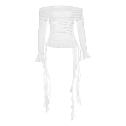 Long flared sleeve off shoulder mesh ruffle solid top  | Festival Outfits Women