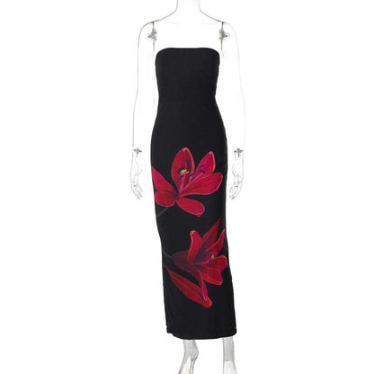 Flower print knotted backless tube maxi dress  | Festival Outfits Women