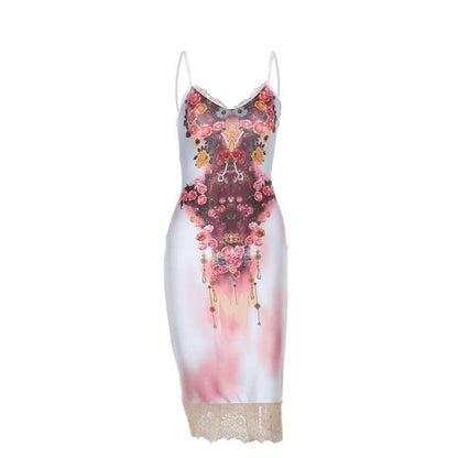 Lace hem flower print v neck cami midi dress  | Festival Outfits Women