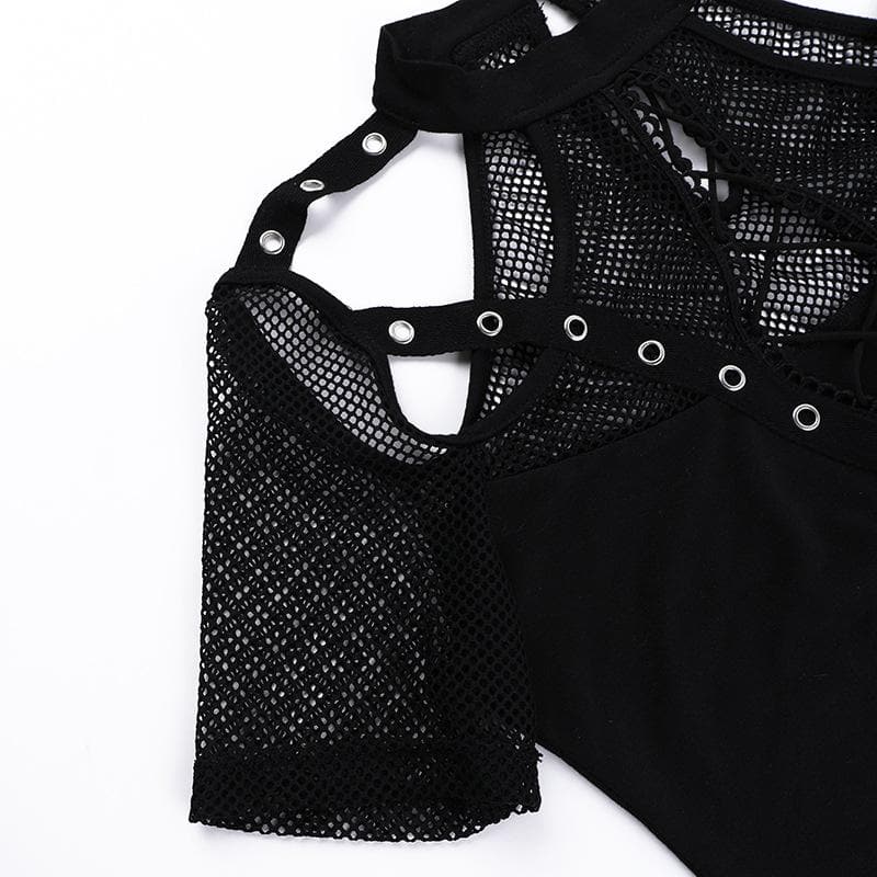 Short sleeve fishnet hollow out patchwork cut out top  | Festival Outfits Women