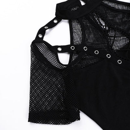 Short sleeve fishnet hollow out patchwork cut out top  | Festival Outfits Women