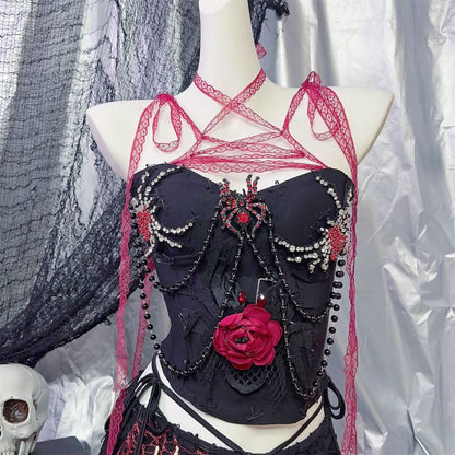 Spider pattern beaded lace hem cami top  | Festival Outfits Women