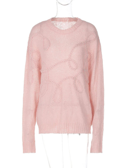 Crewneck long sleeve knitted abstract pattern top  | Festival Outfits Women