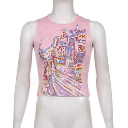 Sleeveless crewneck abstract contrast top