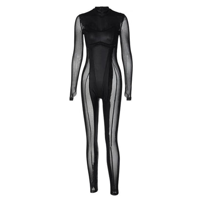 Long sleeve high neck mesh patchwork gloves stitch jumpsuit  | Festival Outfits Women