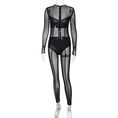 Mesh patchwork zip-up solid long sleeve jumpsuit  | Festival Outfits Women