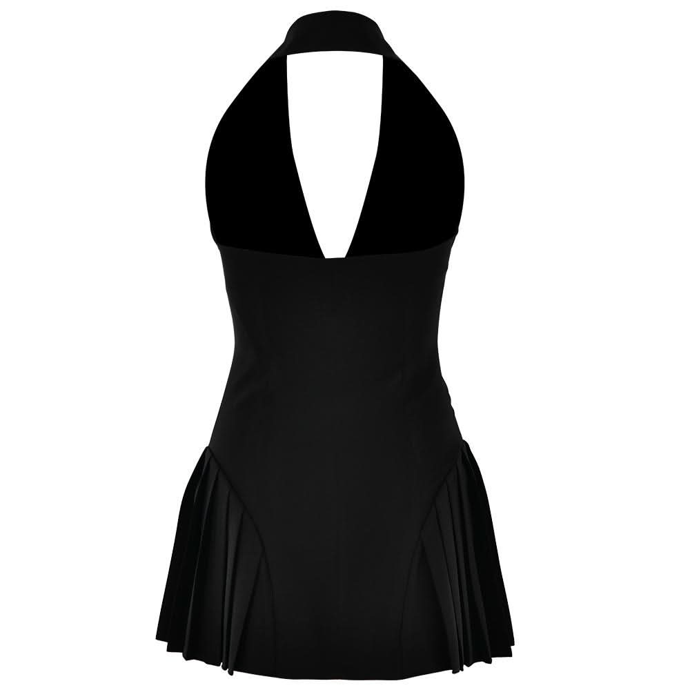Halter deep V neck button pleated backless mini dress  | Festival Outfits Women