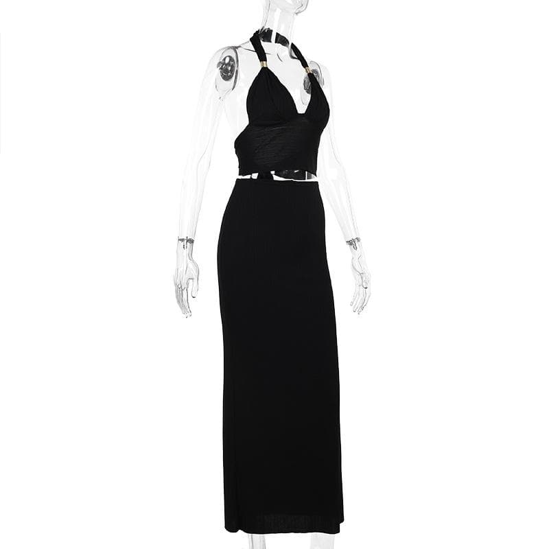 Halter v neck knotted backless maxi skirt set  | Festival Outfits Women