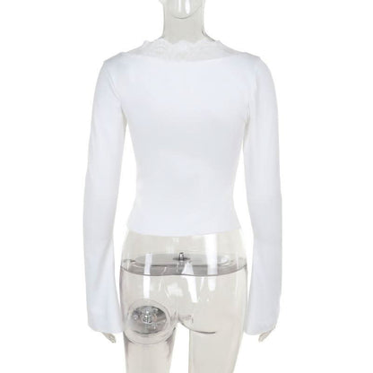 Long sleeve v neck lace hem button top  | Festival Outfits Women