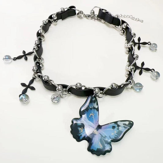 Butterfly PU leather beaded cross choker necklace  | Festival Outfits Women