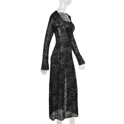 Long sleeve u neck lace slit maxi dress  | Festival Outfits Women