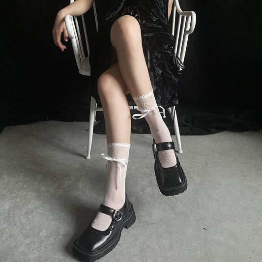 Lace hem bowknot flower pattern knee high socks