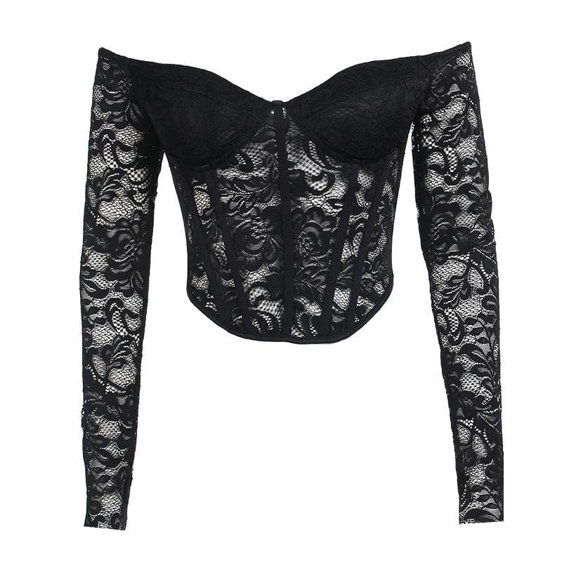Lace solid long sleeve corset off shoulder top  | Festival Outfits Women