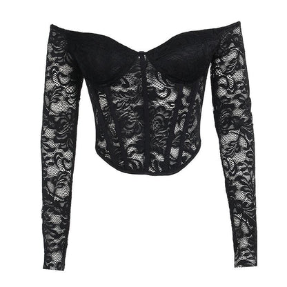 Lace solid long sleeve corset off shoulder top  | Festival Outfits Women