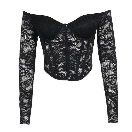 Lace solid long sleeve corset off shoulder top  | Festival Outfits Women