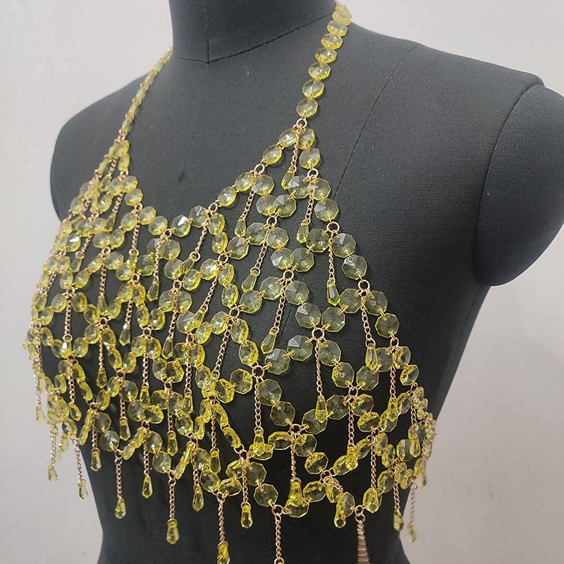 Metal chain plastic crystal halter backless crop top  | Festival Outfits Women